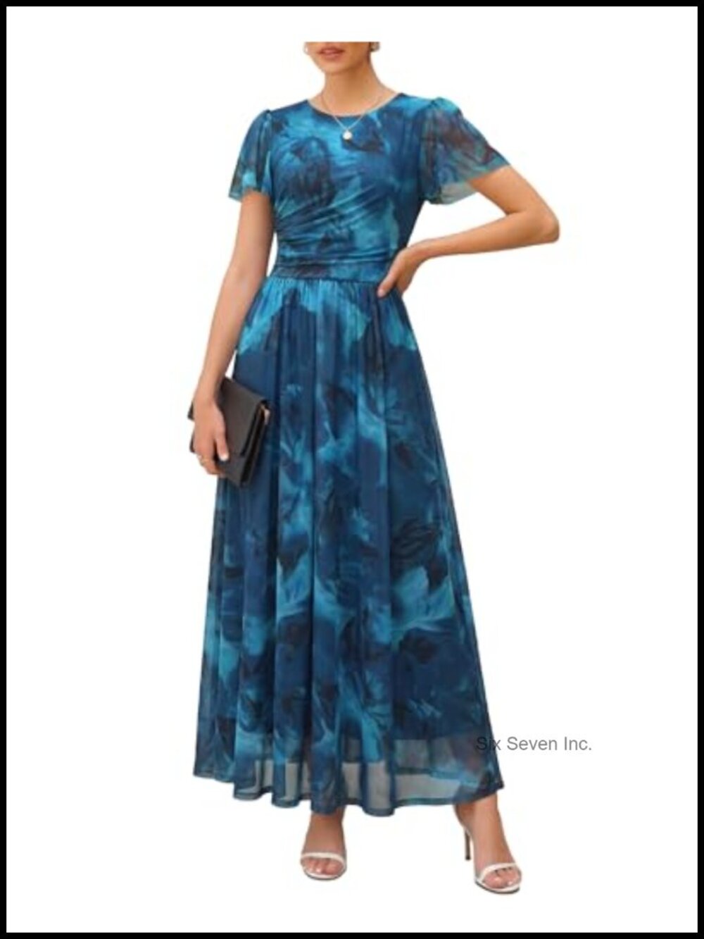 Womens Floral Mesh Maxi Dress Short Flutter Sleeve Ruched A-Line Beach Wedding